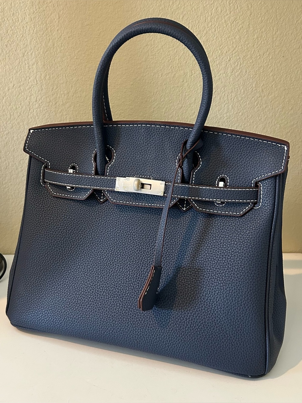 30cm Blue Silver Top Handle Leather Satchel